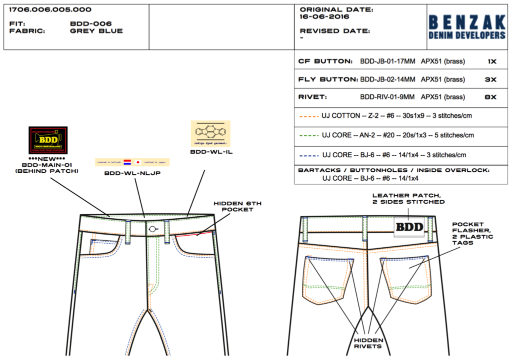 BDD jeans technical sketch BDD-006 grey blue sketch